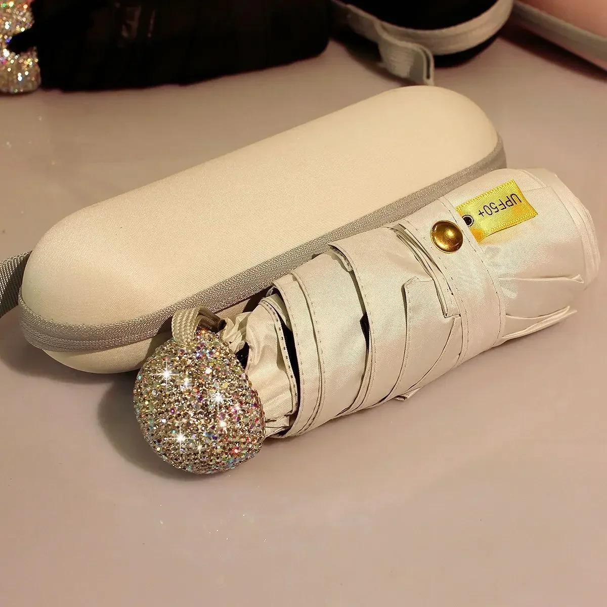 y Rhinestone Capsule Umbrella Anti UV Sunscreen Folding Portable Travel Girls Sunshine Bling Rain Gear 241115