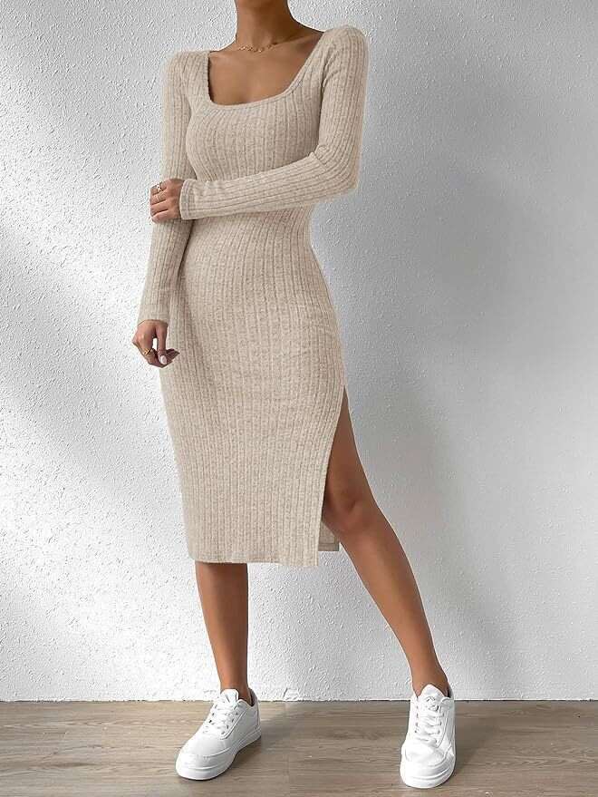 Autumn and winter new square collar long sleeved hem slit jacquard brushed dress for women