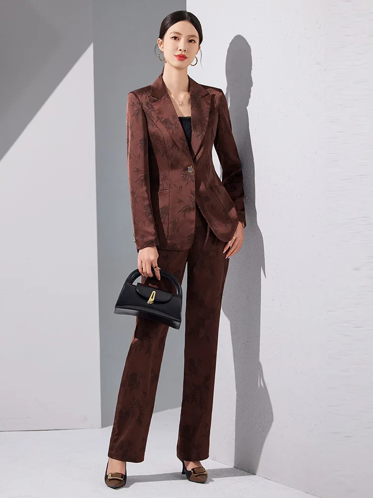 Leaf Print Blazer Pantsuits set suitable for womens offices business single button formal spring and autumn Trouser 241115