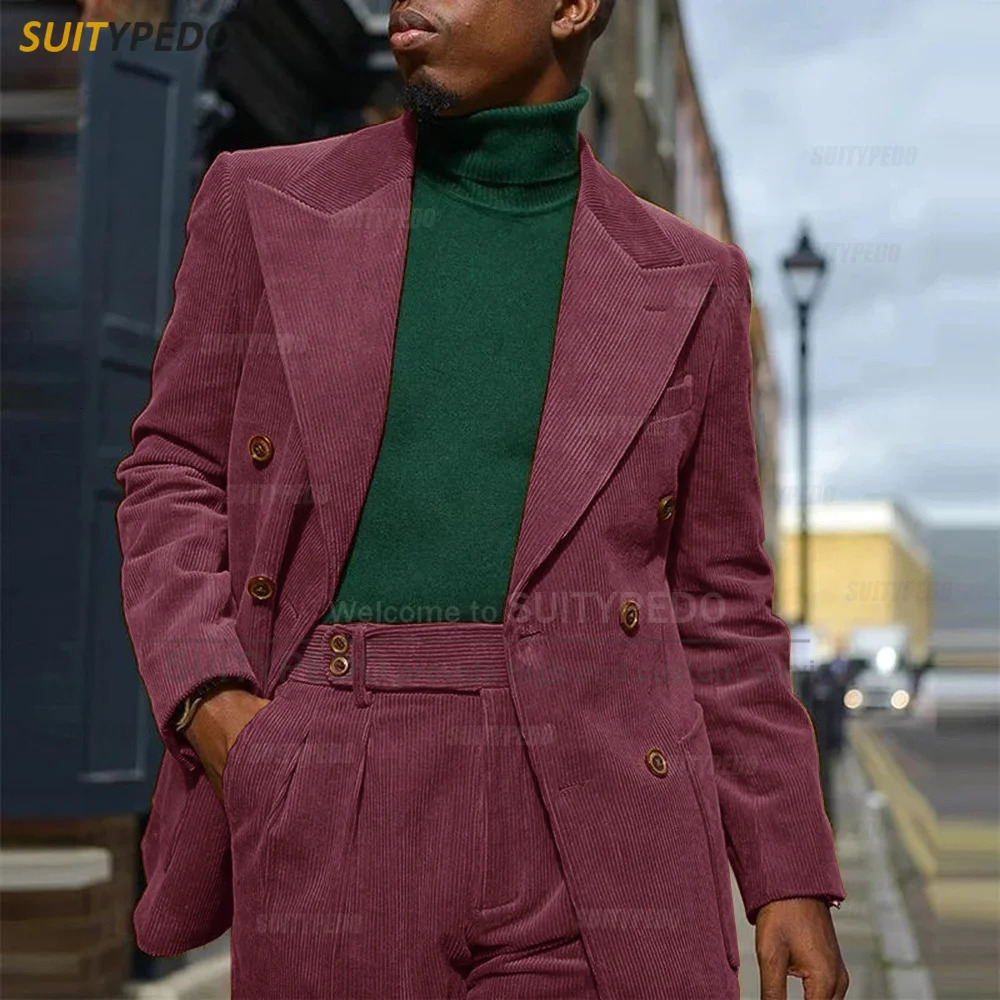 Corduroy Men Suits Slim Fit Set Double Breasted Blazer Pants 2 Pieces Tailormade Business Party Wedding Tuxedos for 241115