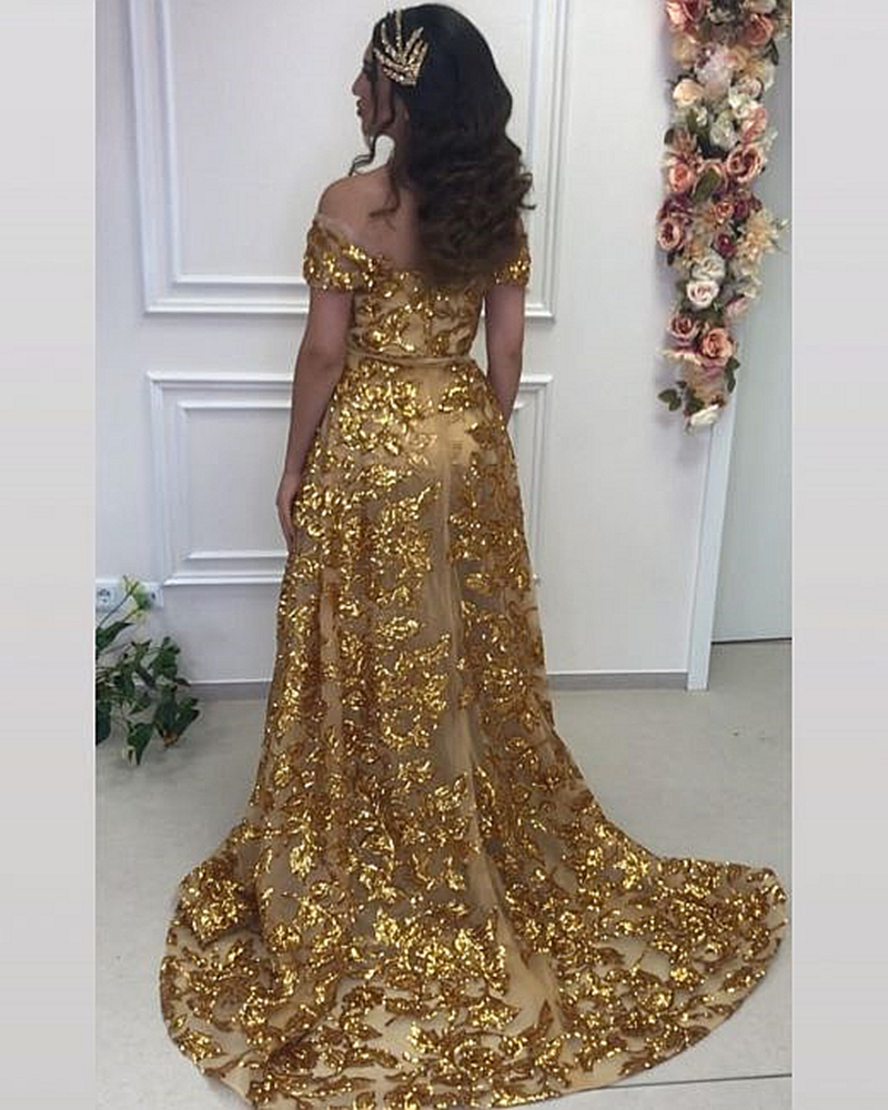 Elegant Arabic Dubai Gold Sequins Mermaid Prom Dresses With Detachable Skirt Off Shoulder Long Sparkly Evening Gowns 2024 Women Chic Party Special Occ