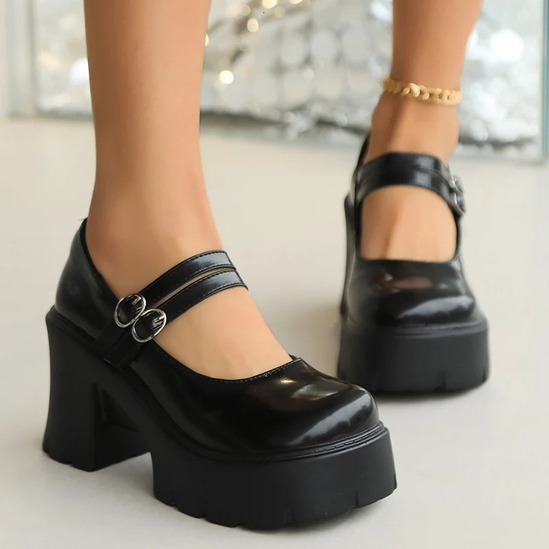 White black patent leather Mary Jens shoes womens super high heels ankle pumps womens thick soled shoes 241115