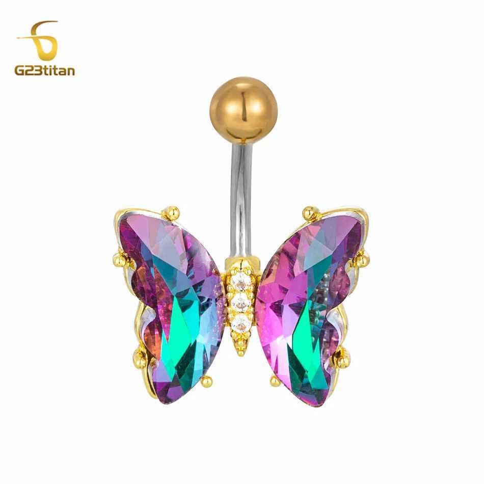 Eyebrow Jewelry Colorful Zircon Butterfly Belly Button Ring Hypoallergenic Surgical Steel or Titanium Navel Barbell Umbilical Piercing Q250606