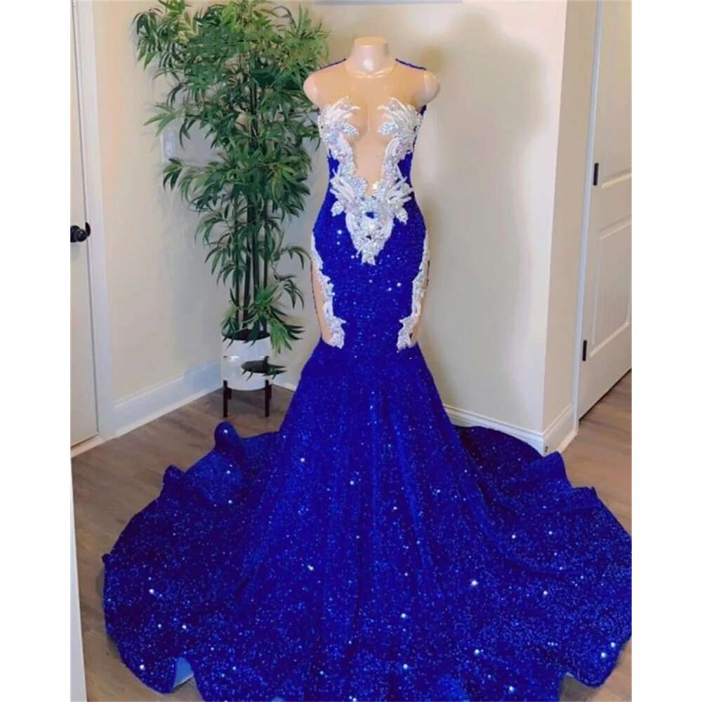 Blue Elegant Sequin Mermaid Long Prom Dresses For Black Girls Sheer Neck Plus Size Sweep Train Formal Evening Ocn Gowns