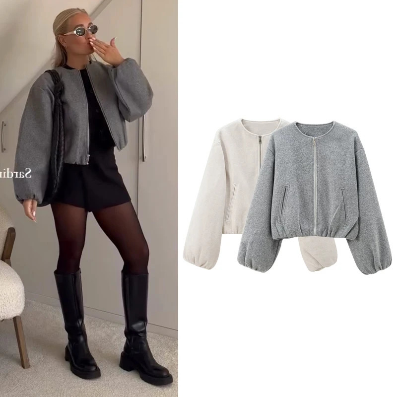 HXAO coarse woolen crop jacket womens womens bomber jacket soft gray beige jacket autumn long sleeved O-neck jacket casual jacket 241115
