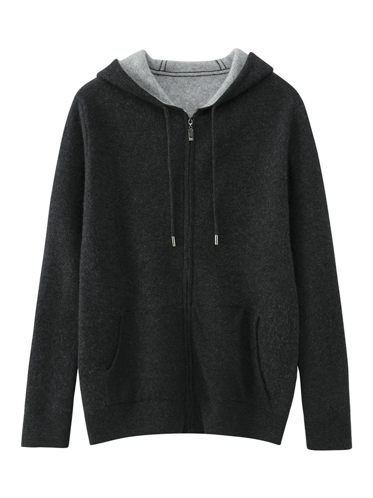 High quality autumn mens hooded cashmere sweater with long sleeves casual and loose drawstring 100% Merino wool knitted Korean version top 241115