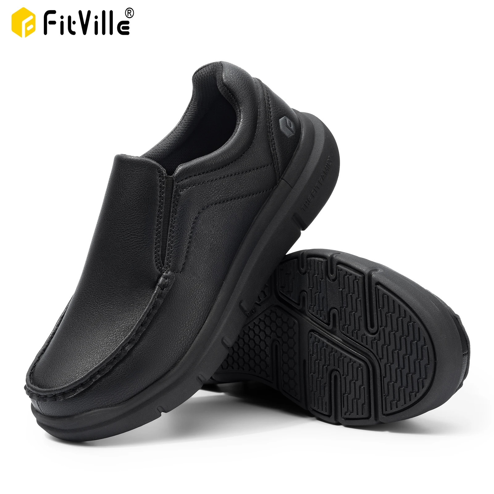 Fitville mens wide leather sliding casual shoes lightweight suitable for Swollen feet with arch support for pain relief 241115