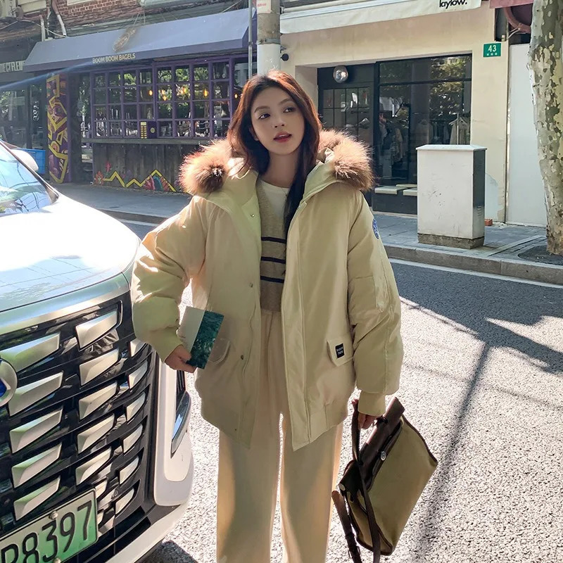 Fashionable Retro Womens Fur Collar Parker Cotton Coat Winter Style Casual Thick Warm Loose Jacket 241115