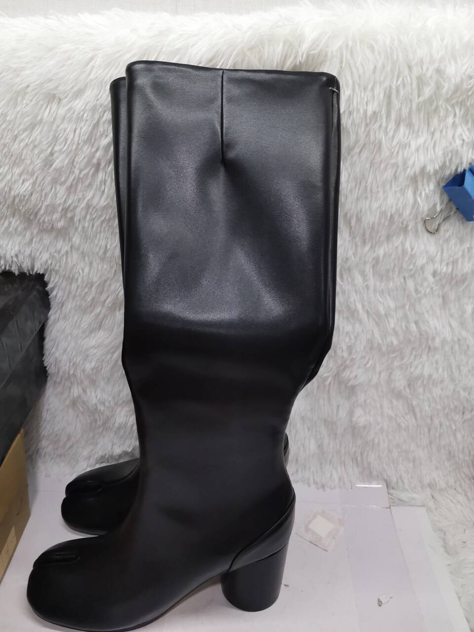 Black Loose Long Tabi Boots Women High Round Heels Zipper Leather Booties Knee Versatile Spring Girls Matte Casual Shoe British
