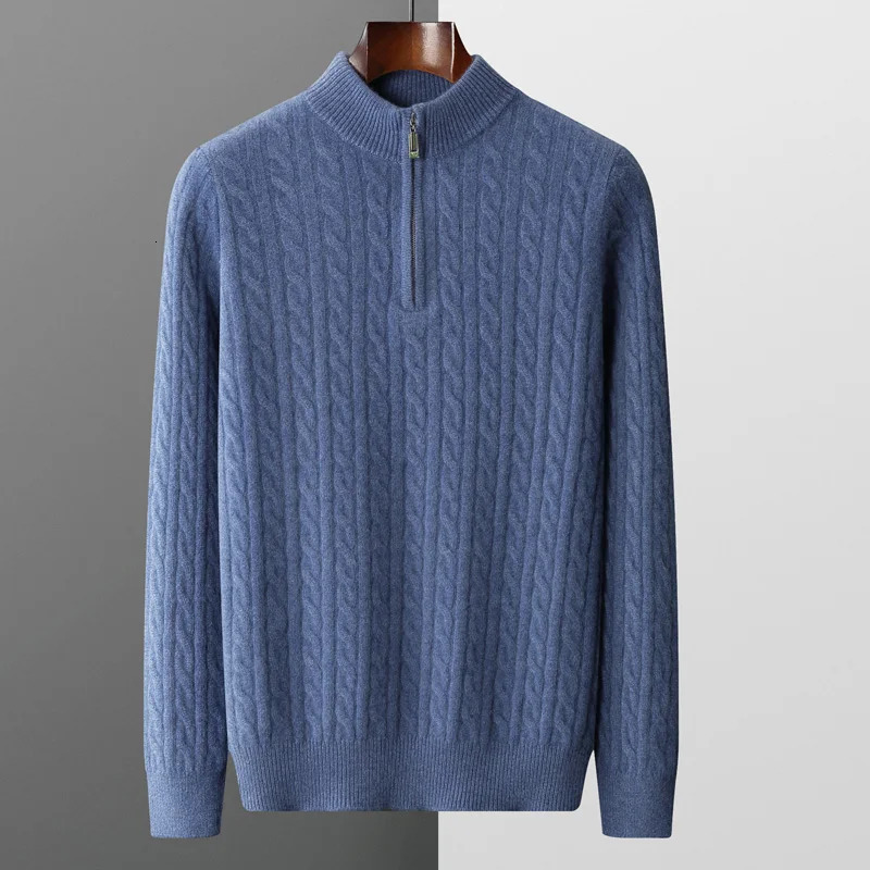 Autumn and winter 100% Merino wool cashmere sweater mens thick twist top zipper top plus size knitted sweater 241112