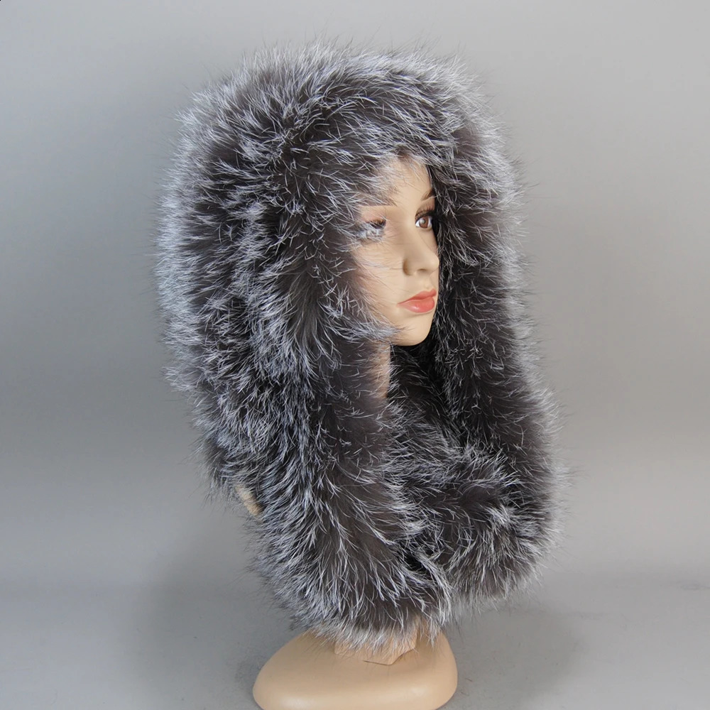 2024 Fashion Lady Real Fur Hat Scarf Winter Warm Fluffy Natural Hats Scarve Knitted Genuine Hooded Muffle 241116