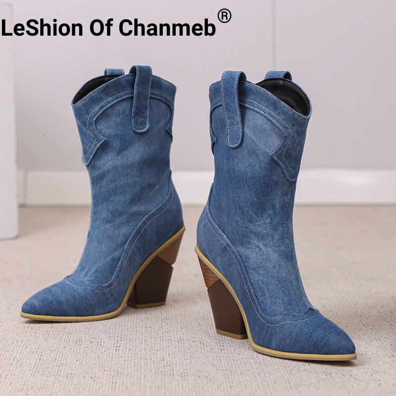 Leshion Of Chanmeb Thick Wooden Wedge Heels Women Blue Denim Jeans Western Cowboy Boots Cowgirl Big Size 47 48 Shoes