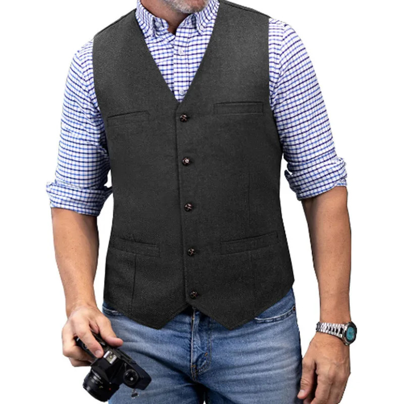 Mens Casual Classic Suit Vest V Neck Herringbone Tweed Slim Fit Business Waistcoat For Wedding 241115