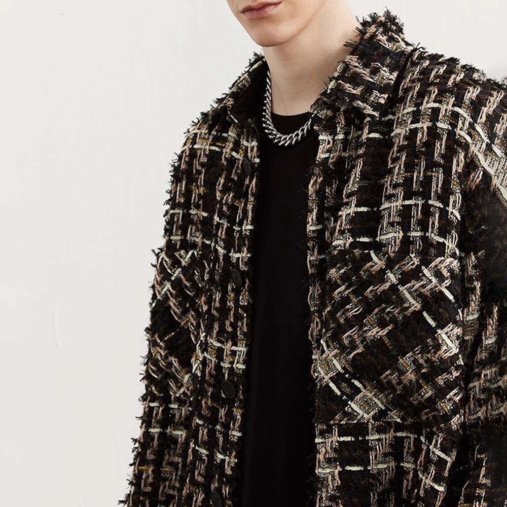 Mens autumn gold thread coarse tweed woven French coat strapless retro casual loose fashion trend jacket unisex 241115