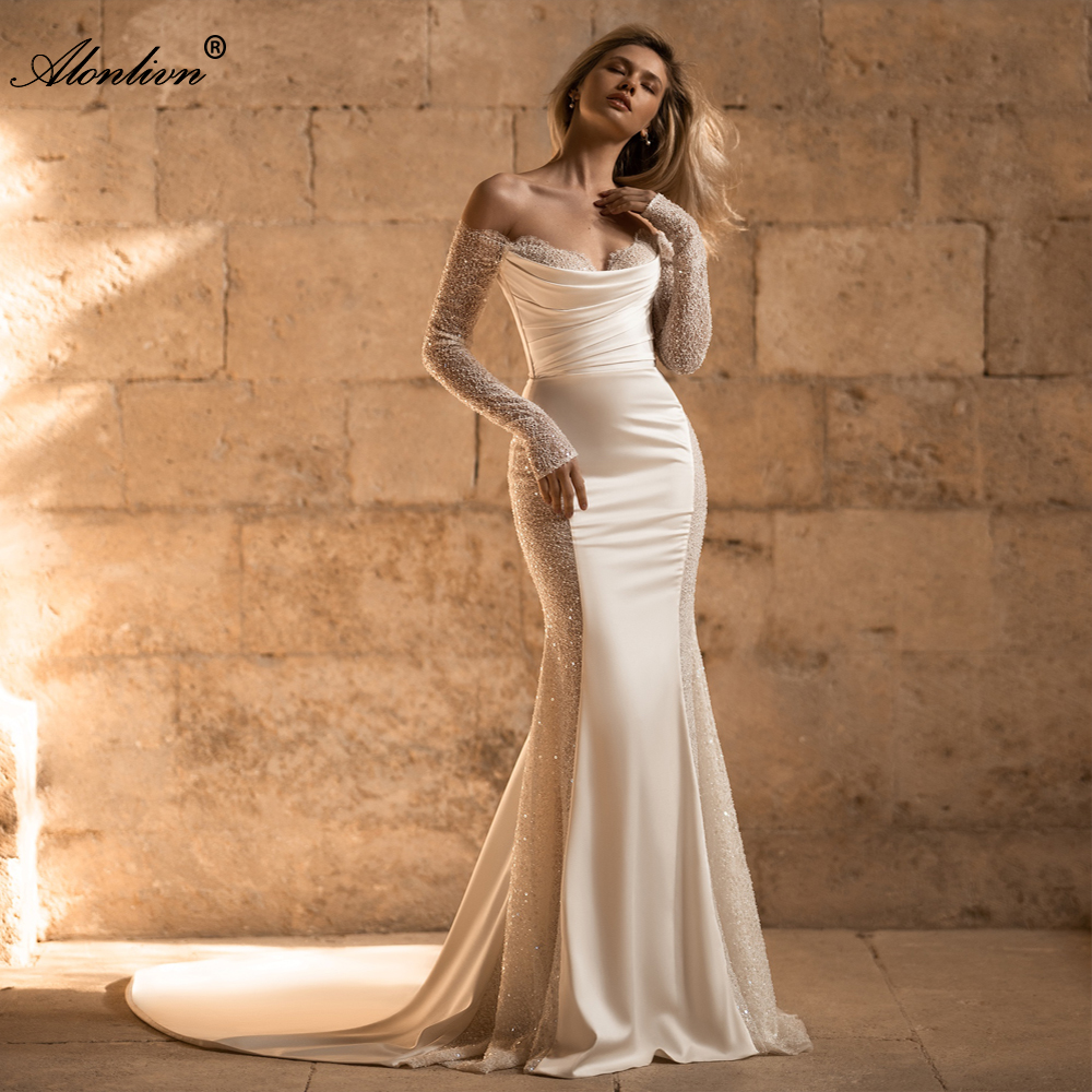 Elegant Satin Sweetheart Mermaid Wedding Dress With Off Shoulder Full Sleeves Trumpet Bridal Gowns With Shiny Beading Appliques Lace