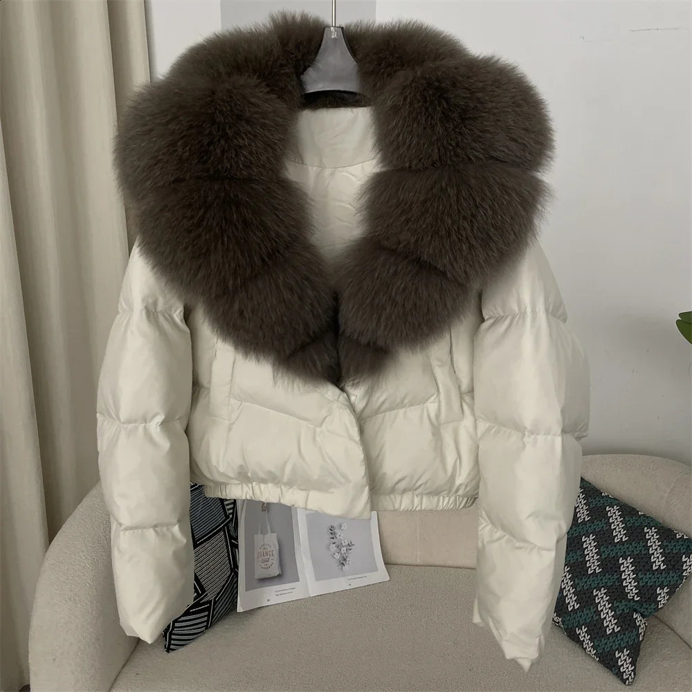 OFTBUY Short Puffer Jacket Thick Big Natural Real Fur Women Autumn Winter Female White Duck Down Coat Feather 241116