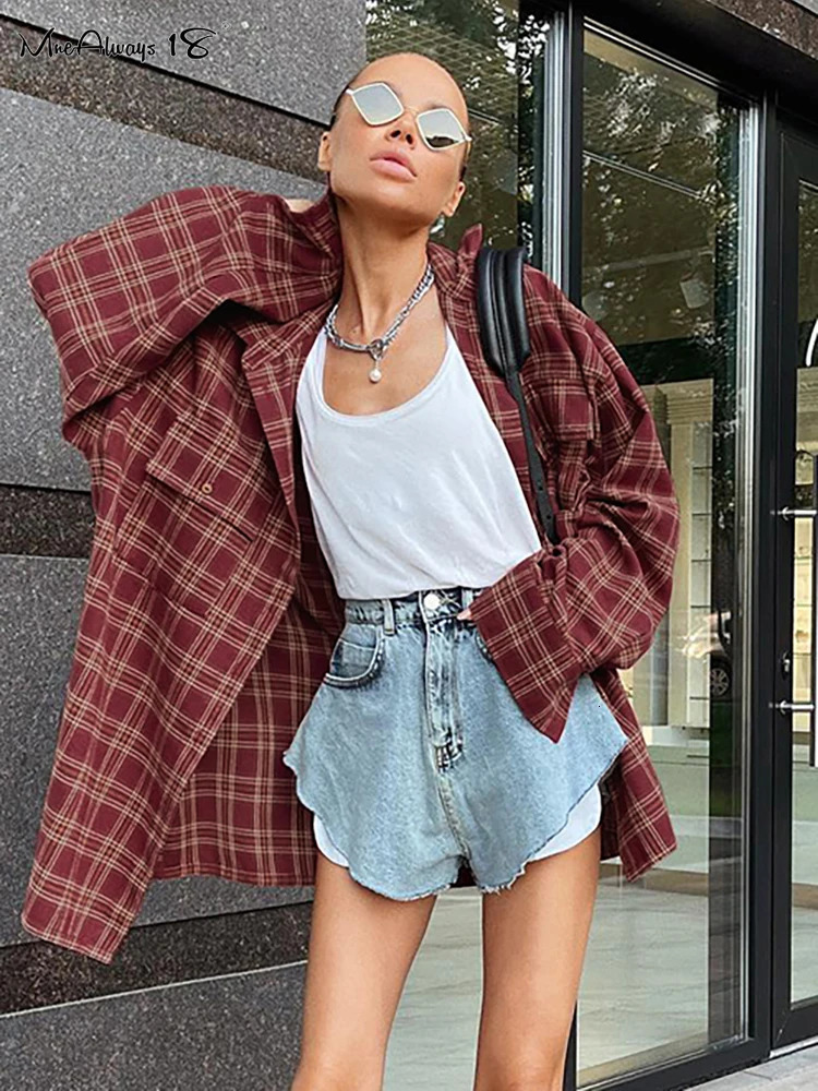 Mnealways18 Street Style Red Checkered Shirt Womens Irregular Long Sleeve Oversized Top Autumn Loose Ginkgo Top Trend 241115