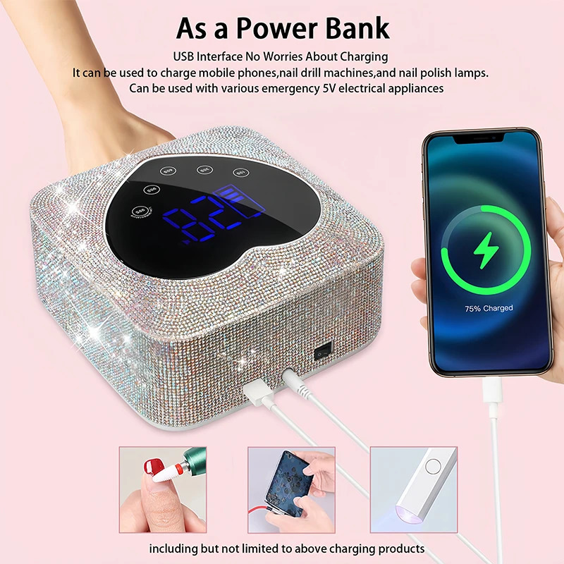 Rechargeable UV LED Nail Lamp 72W Cordless UV Light for Nails With Rhinestone Heart Shaped Manicure Pedicure Machine Nail Tools 240416