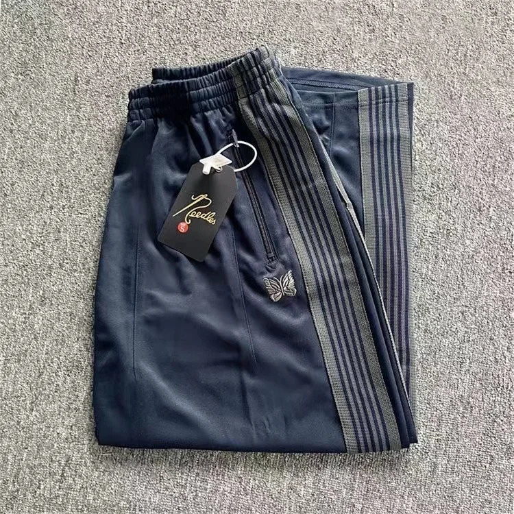 Japan Style Navy Blue Needles Wide Leg Pants Men Women Embroiderey Butterfly Track Pants Drawstring AWGE Sweatpants gym 240412