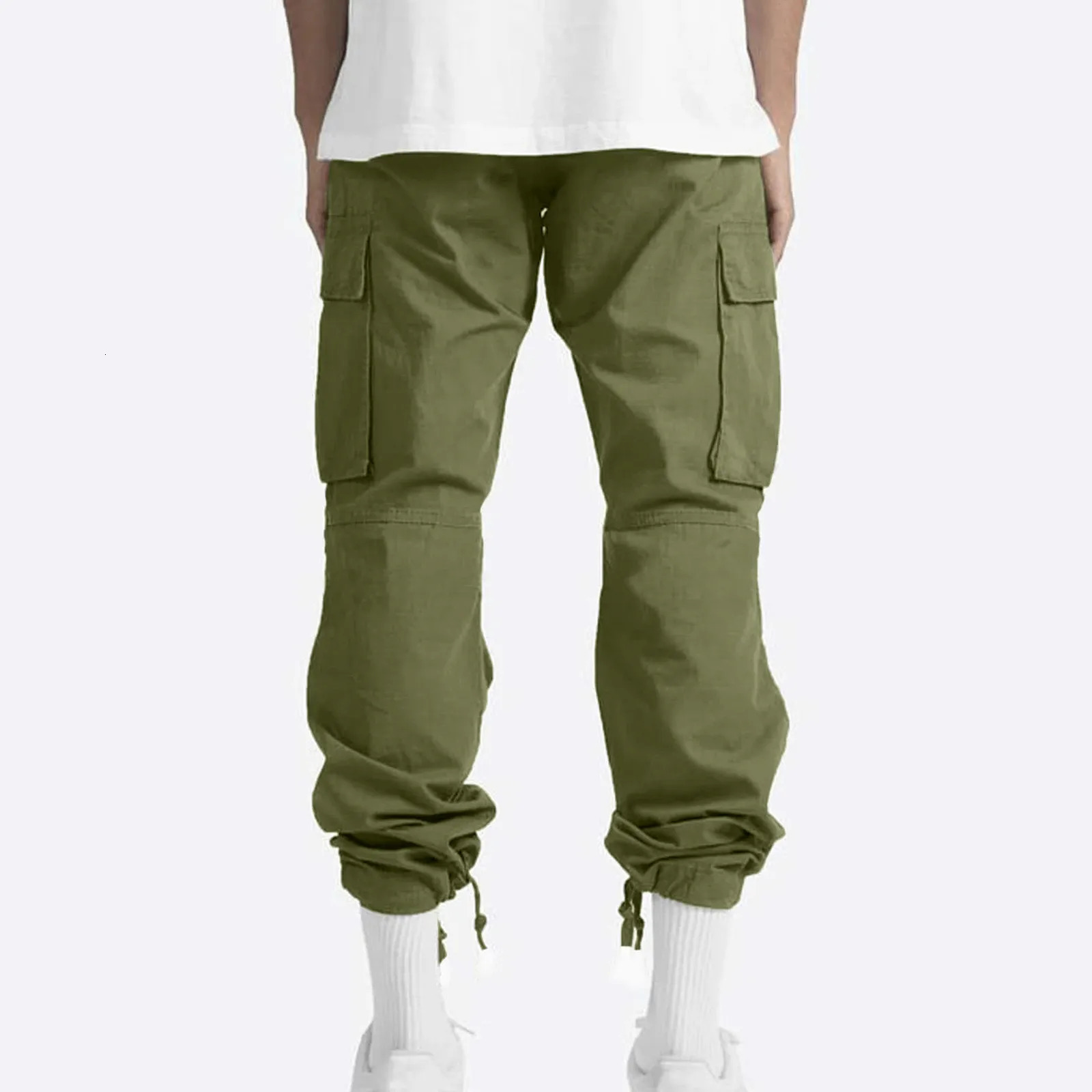 Mens cargo pants trend multi pocket Trouser solid color casual fashion sports cotton diagonal training 241115