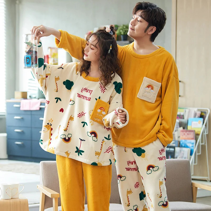 Mens and womens pajamas thick coral fleece Pullover couple warm winter plush pajamas family clothing 241115