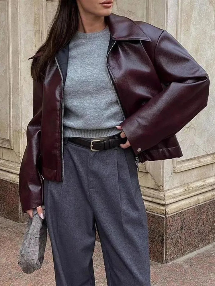 Vintage Wine Red Lapel Pu Womens Leather Jacket Zipper Chic Long Sleeved Casual Coats 2024 High Street Fashion Outerwear 241116