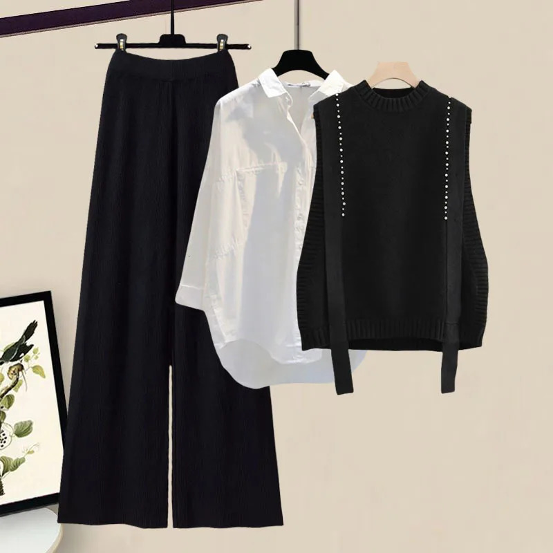 Autumn Winter Knitted 3 Pieces Set Office Ladies Elegant Vestwhite Shirtswide Leg Pants Sets For Women Clothing 2024 241115