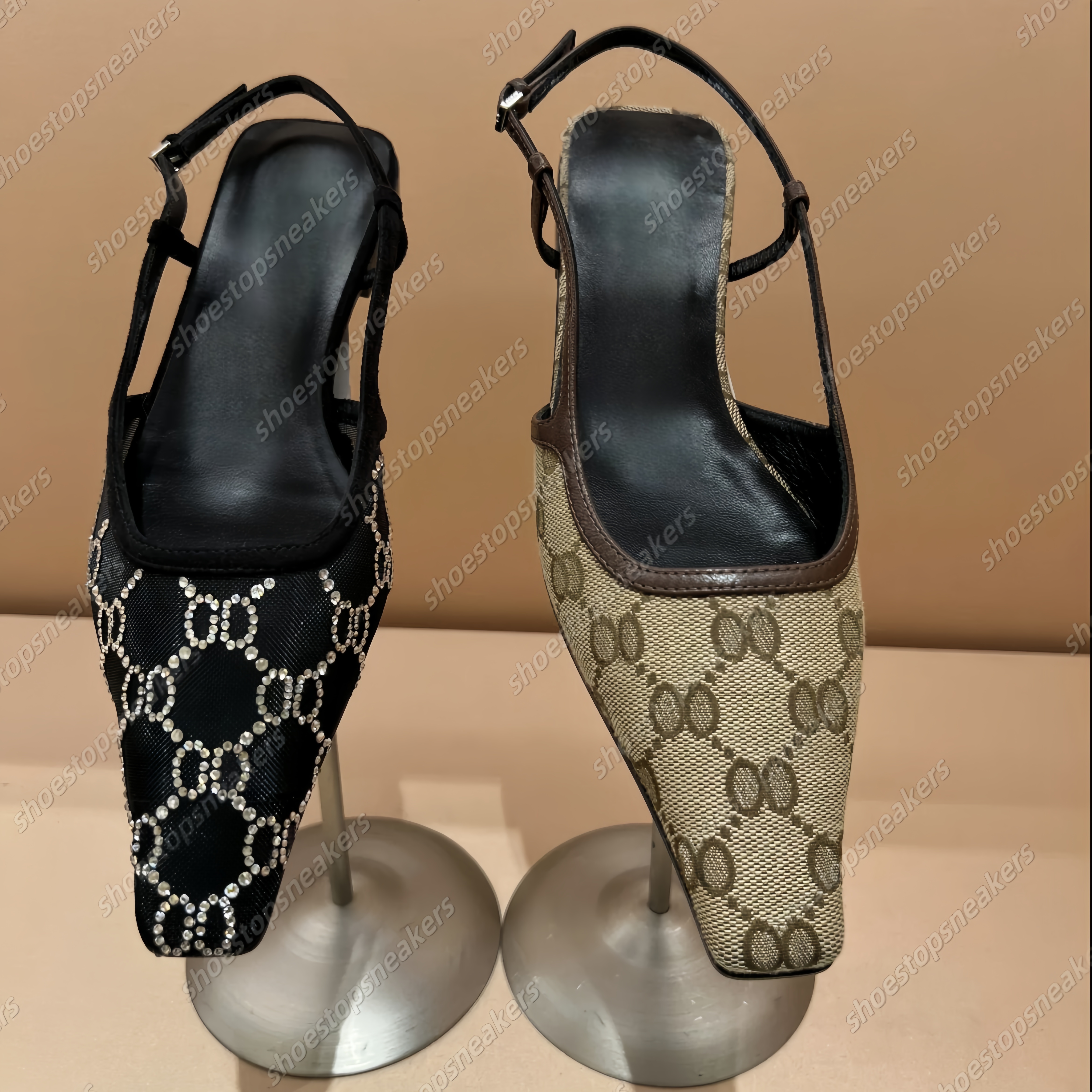 Dress Shoes Slingback high heels Women Lace up shallow cut shoes Mid Heel Black mesh crystals sparkling Print shoes Rubber Leather Ankle Strap square toe Sandals