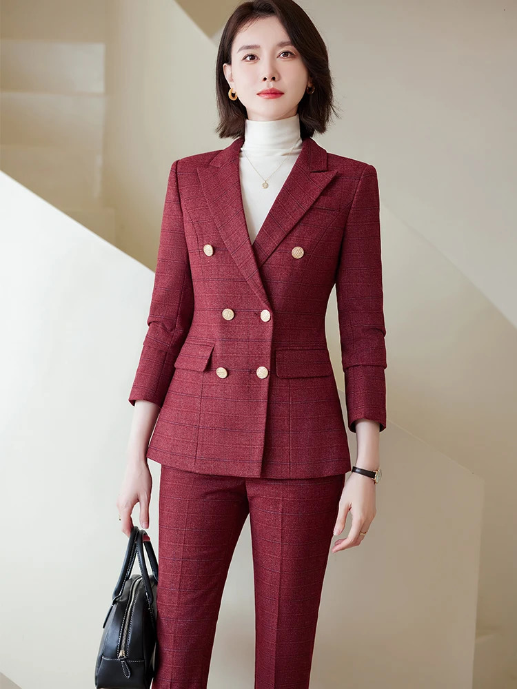 Autumn Winter Red Coffee Blue Black Womens Pants Set Business Work Clothes Plain Jacket and Trouser 2piece 241115