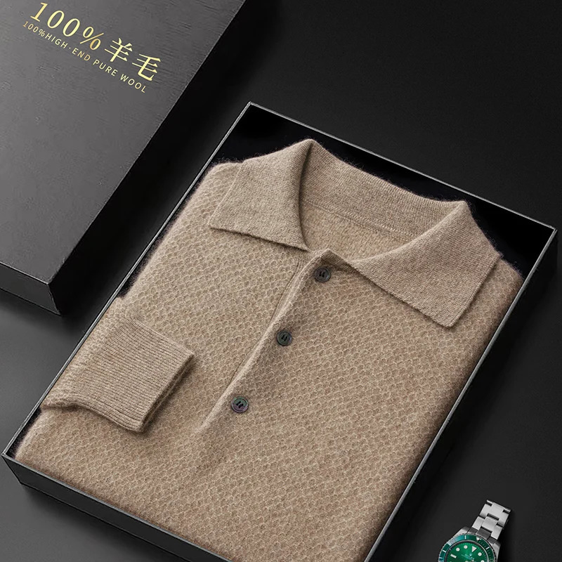Autumn and winter 100 pure wool mens long sleeved polo neck honeycomb cashmere knitted youth business casual sweater 241112