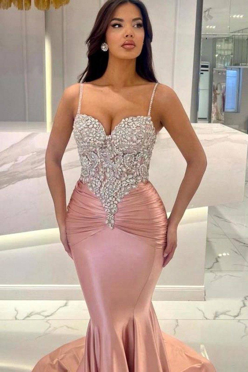 Sexy Arabic Blue Pink Spaghetti Straps Mermaid Evening Dresses Beadings Crystals Top Ruffles Satin Long Party Occasion Gowns Prom Wears BC18636