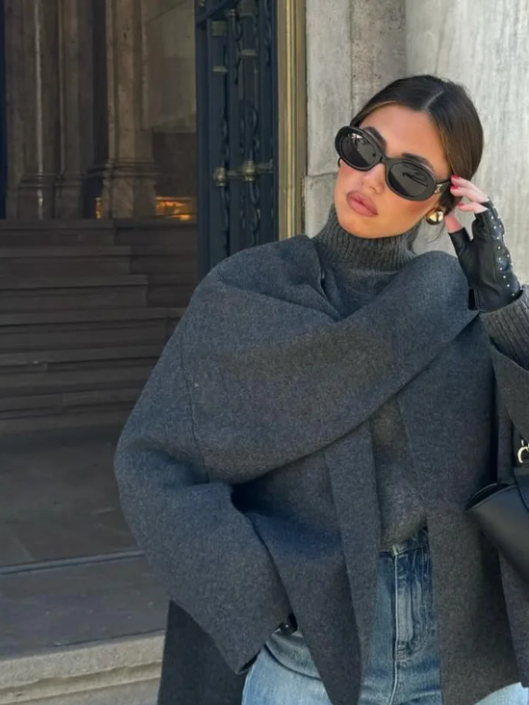 Women Fashion Scarf Decorated Woolen Jacket Casual Solid Long Sleeve Loose Warm Overcoat 2024 Autumn Winter Lady Chic Coat 241108