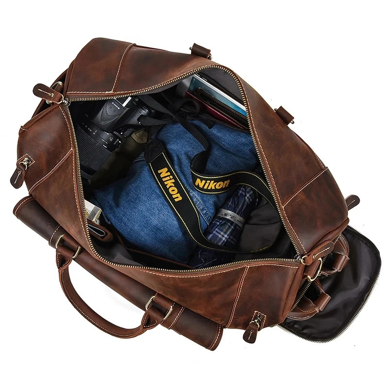 Luufan leather mens travel bag with shoe pockets vintage crazy horse leather large capacity luggage bag business travel handbag 241115