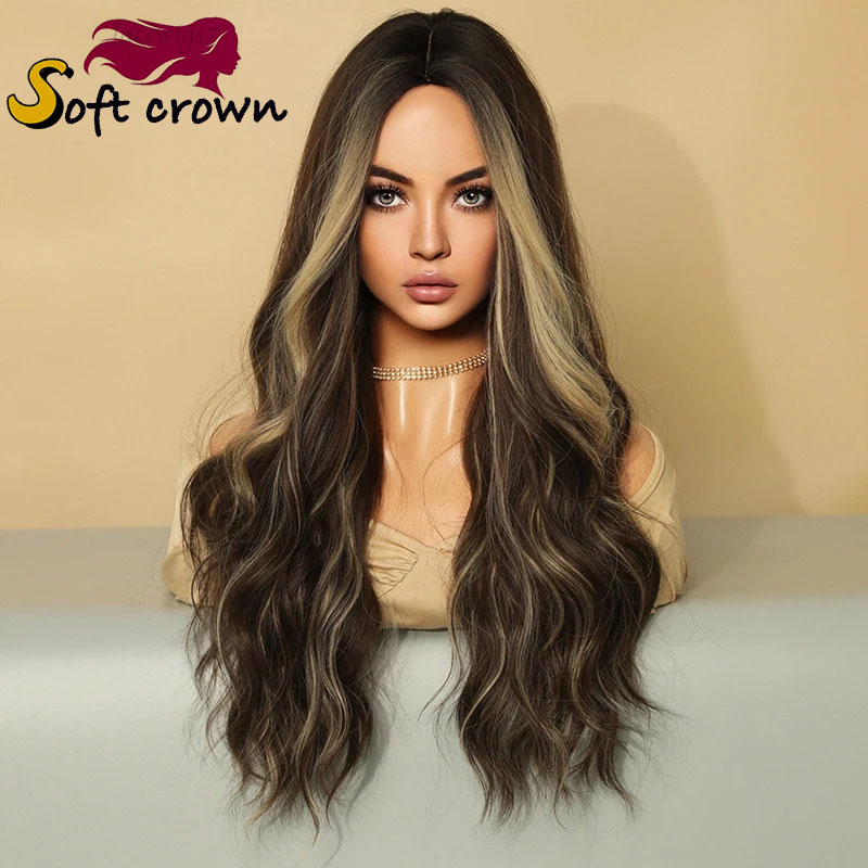 New for Ladies mid length wavy lace wig headpiece with gradient highlights Brown pink Purple hair girl cosplay synthetic wig