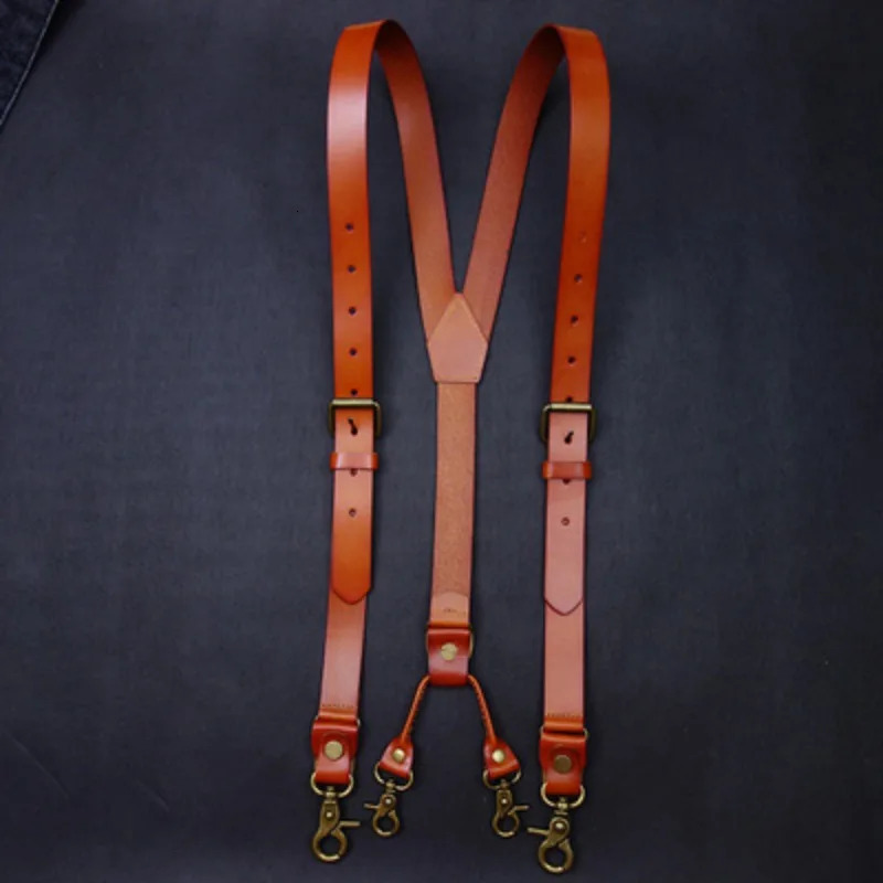 24145CM Vintage Leather Mens Suspenders 4Hook YBack For Pants Braces Man Women Slip Suspender 240401