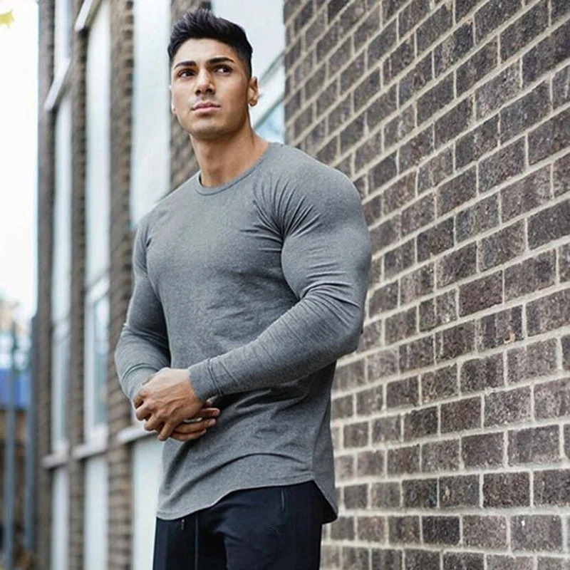 Spring Autumn Slim Fit Cotton Fitness Long Sleeve T Shirt Men Sports TShirt Oneck Running Tee Gym Bodybuilding Tshirt 241115