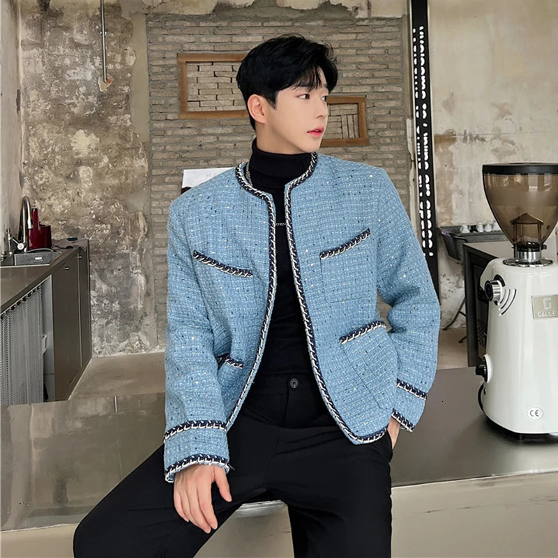 IEFB mens coarse tweed cardigan autumn winter trend collarless jacket fashion Korean style Elgan coat personalized item 9C2554 241115