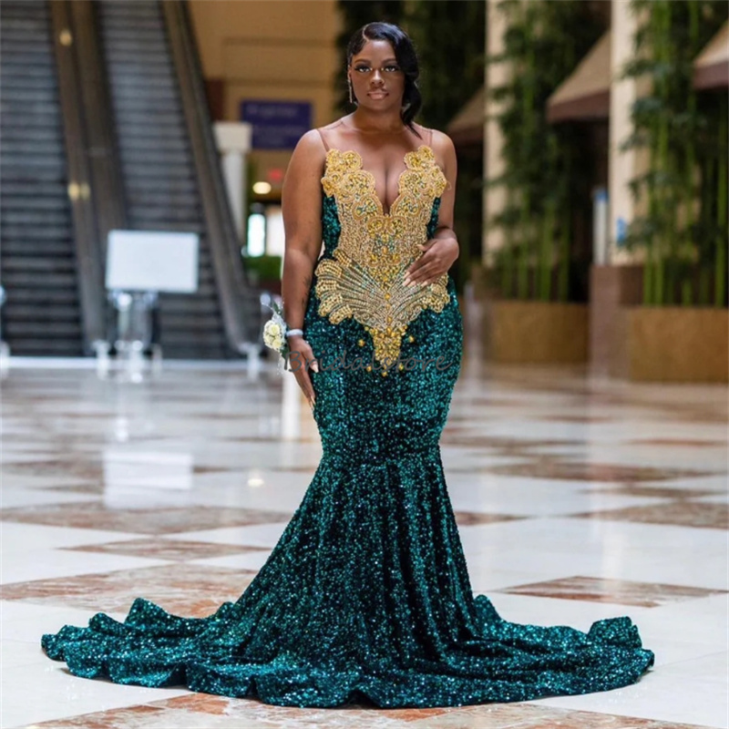 Emerald Green Prom Dresses With Golden Beaded Luxury Mermaid Full Sequin Evening Dress Sparkly Ceremony Formal Birthday Party Gowns 2024 Plus Size Rob