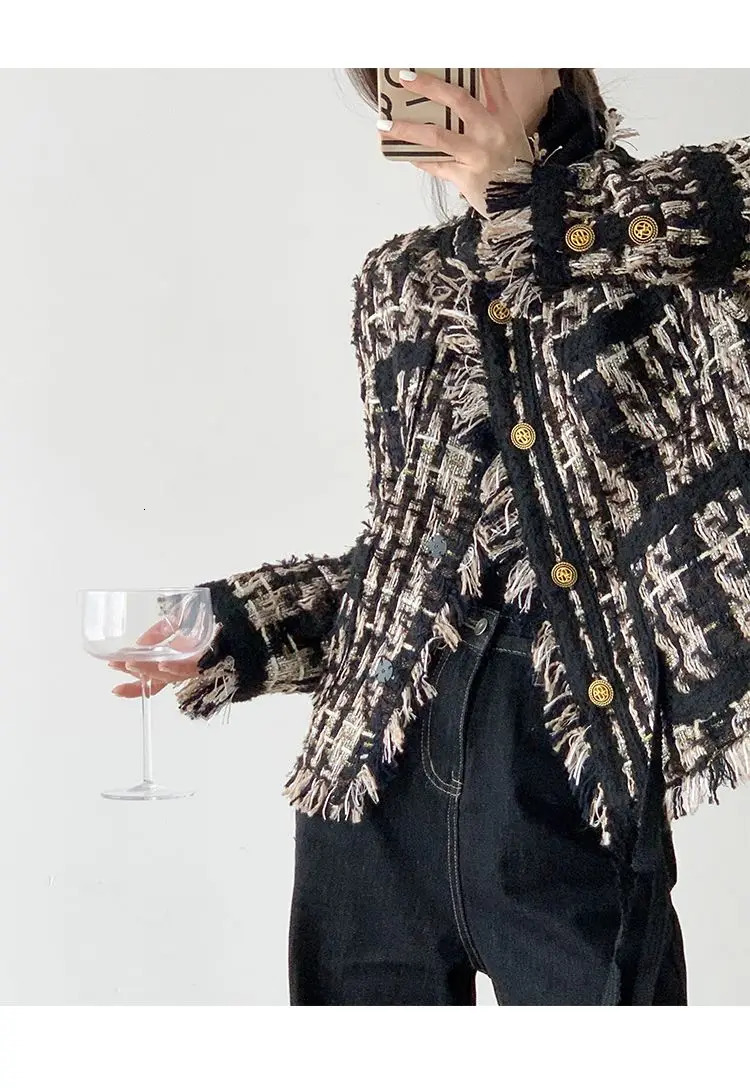 Spring n jacket for women elegant temperature coarse tweed jacket fashionable loose button jacket commuting 241115