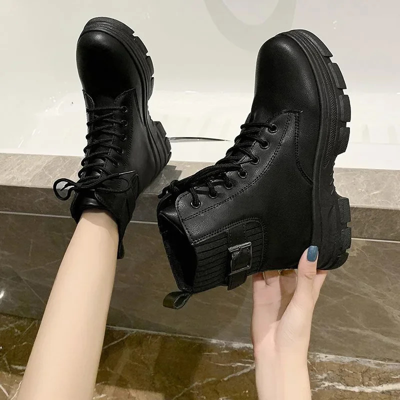 Women White Ankle Boot PU Leather Thick Sole Lace Up Combat Booties Female Autumn Winter Platform Shoes Rubber Cow Boots 241115