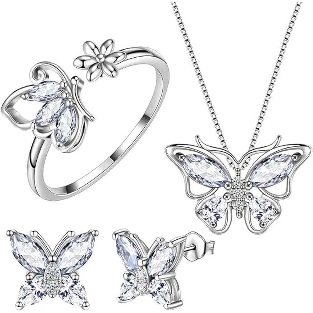 Butterfly Birth Stone Pendant Necklace/Earrings/Rings Wedding Anniversary Gift Jewelry Set X241116