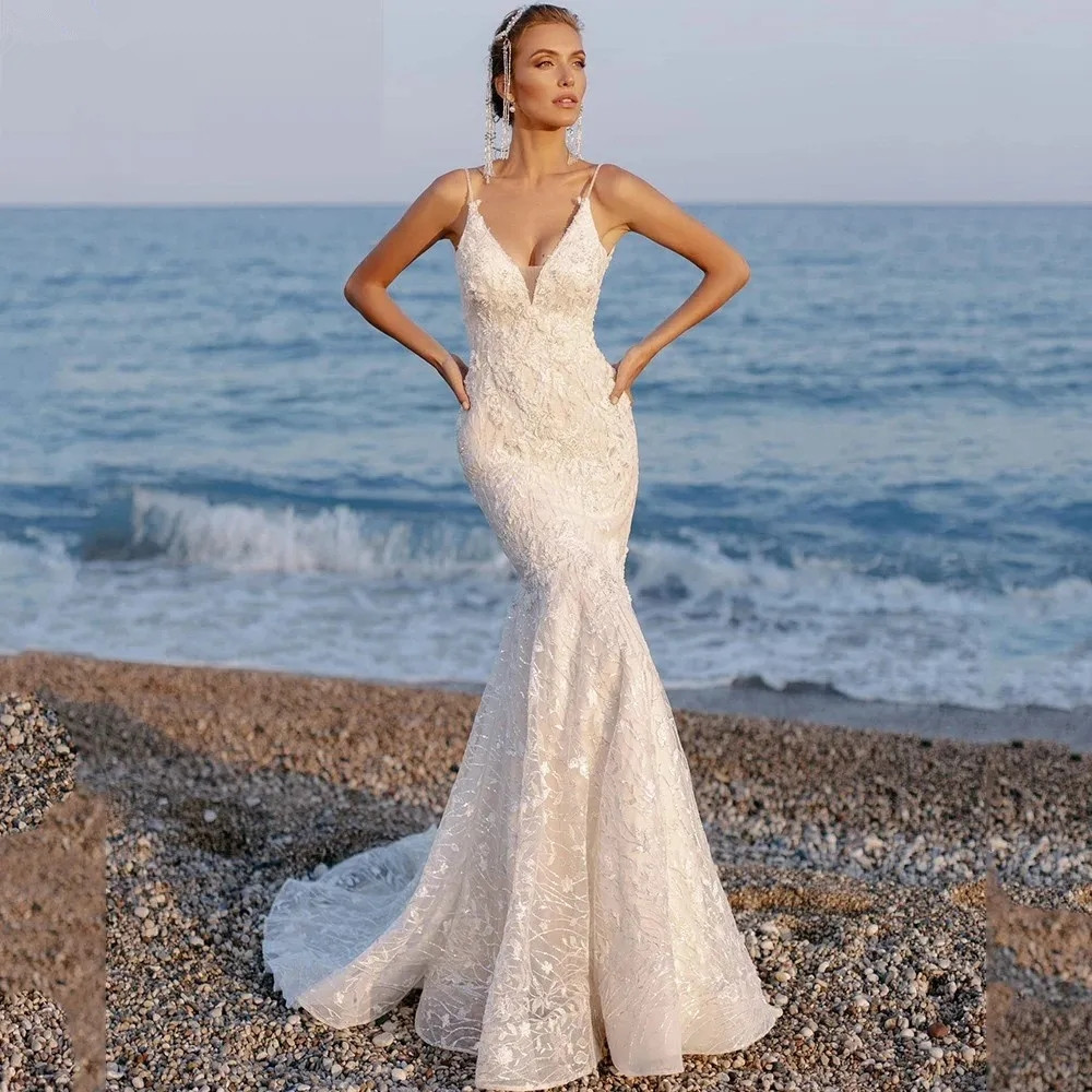 Lace Trumpet Mermaid Wedding Dresses For Bride Summer Beach Spaghetti Straps Bridal Gowns Sexy Low Back Fishtail Plus Size Boho Reception Party Dress 