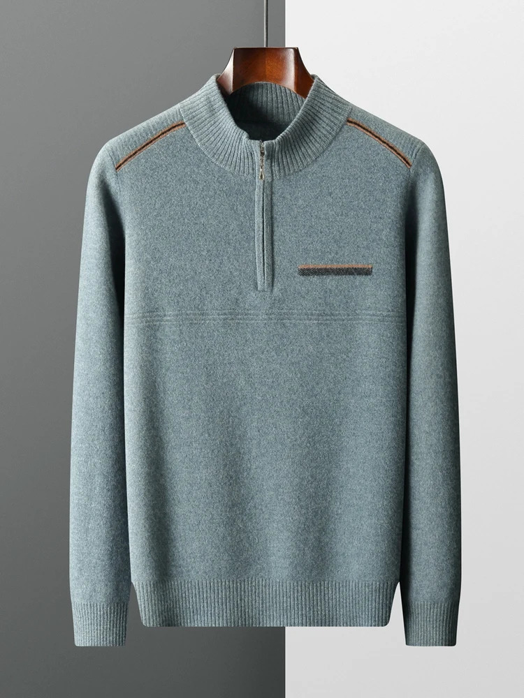 CHICOU Autumn Mens Zipper Plain Collar Cashmere Sweater Intelligent Casual Pulling 100% Merino Wool Knitted Basic Soft Clothing 241115