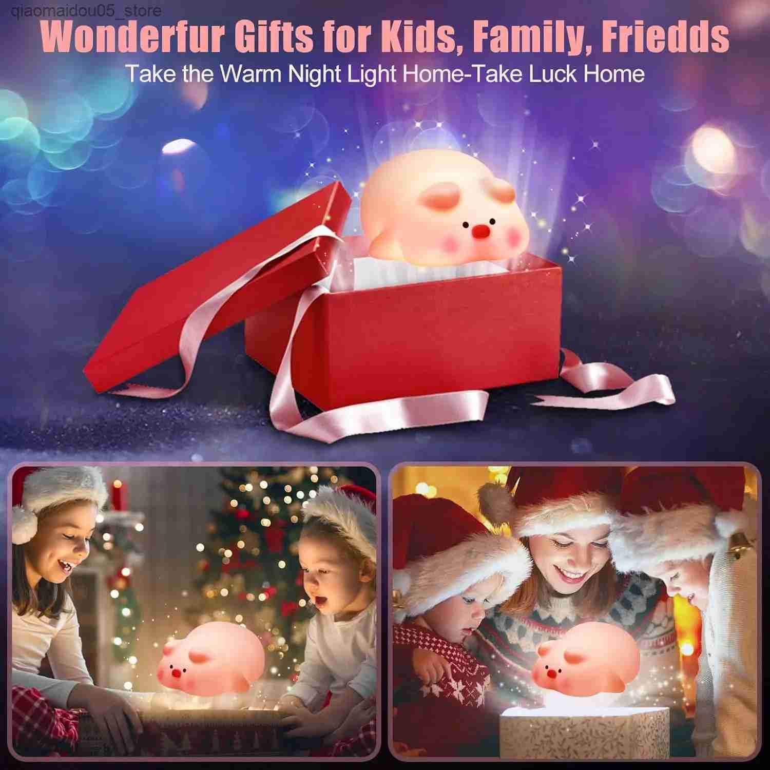 Lamps Shades Piggy LED Night Light Cute Piggy Silicone Night Light USB Charging Timed Bedside Decoration Childrens Night Light Birthday Gift Q240416