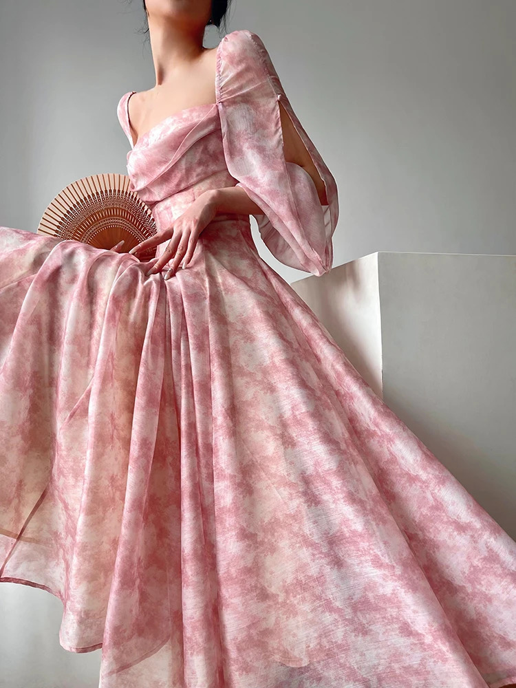 Pink Floral Dress Elegant Woman Long Sleeve Chiffon Casual Midi Dress Even Party Elegant Flormal Dress Beach Style Summer 240410