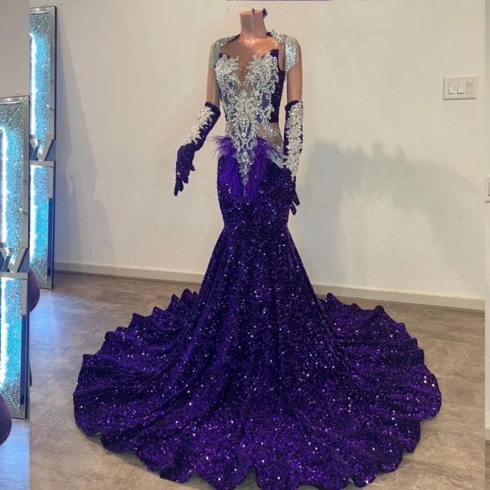 Purple Sexy Sequin Prom Dresses With Goes Rhie Feathers Party Gowns O Neck Evening Dress Robes De Soiree