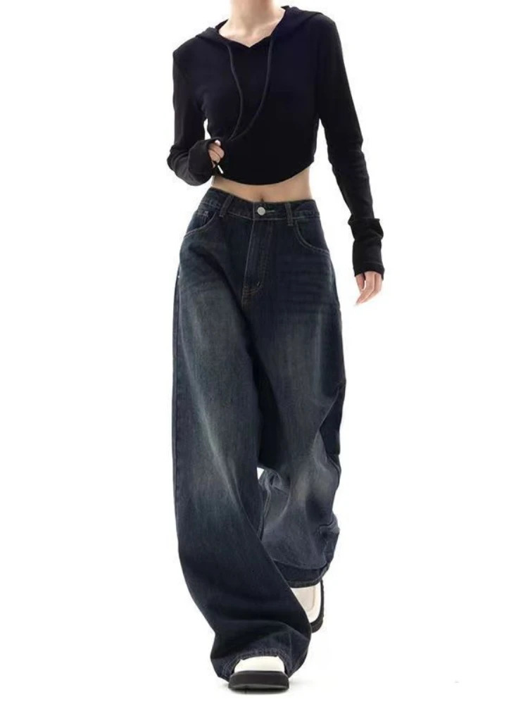 Deeptown Vintage Women Wide Leg Jeans Harajuku Denim Trousers Baggy Oversized Grunge Streetwear Y2k Spring Pants Korean Fashion 241108