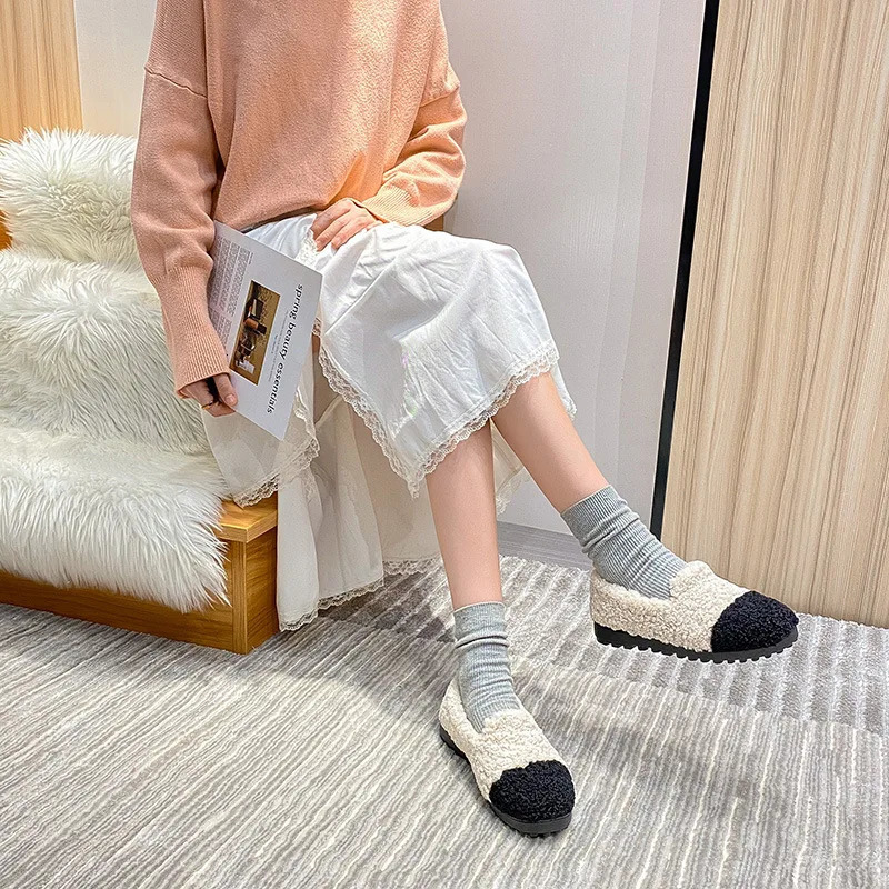 Mixed Color Curly Wool Fur Moccasins Womens Fur Apartment Ins Plush Winter Shoes Womens Thick Bottom Wool Coat Plus Size 34-43 241115