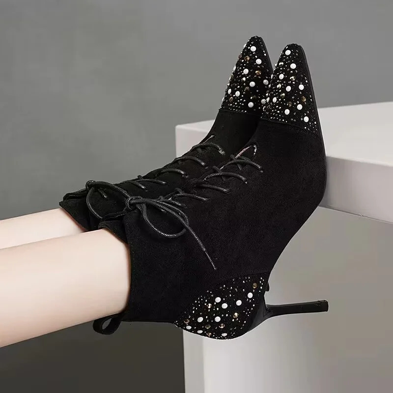 Crystal Chelsea Stiletto Heels Ankle Womens Boots Sexy Pointed Toe Shoes Winter 2025 Trend Suede Lace Up Dress Botas Mujer 241115