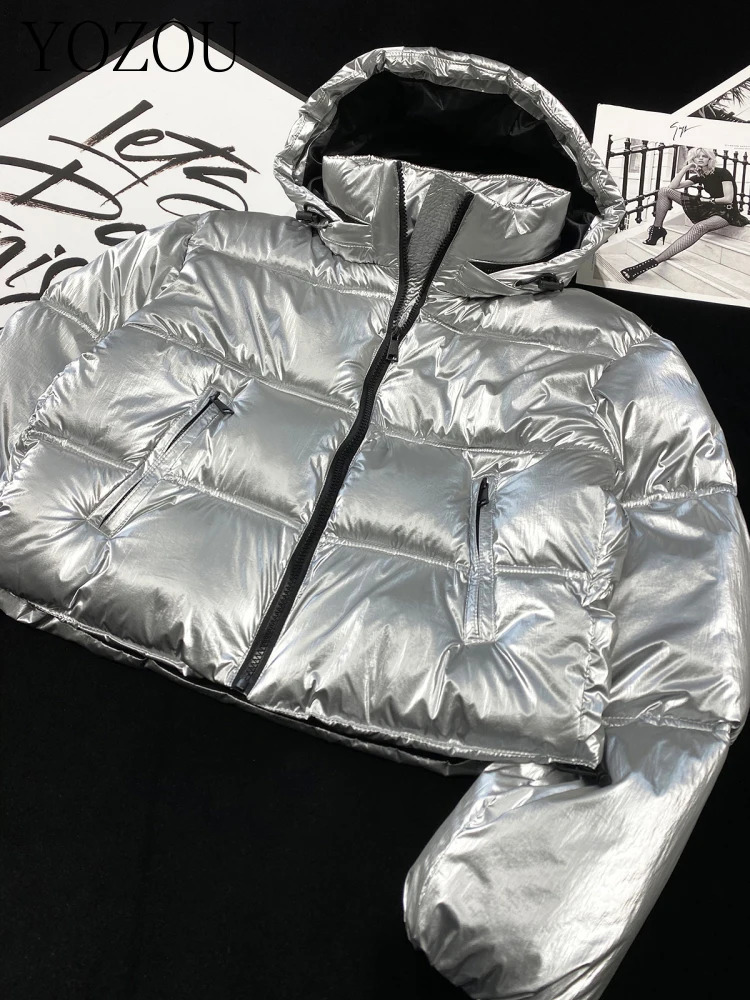 YOZOU Warm Winter Silver Shiny Hooded Padded Quilted Jacket Woman Short Parkas Y2k Korean Zipper Coat High Street Fashionable 241115